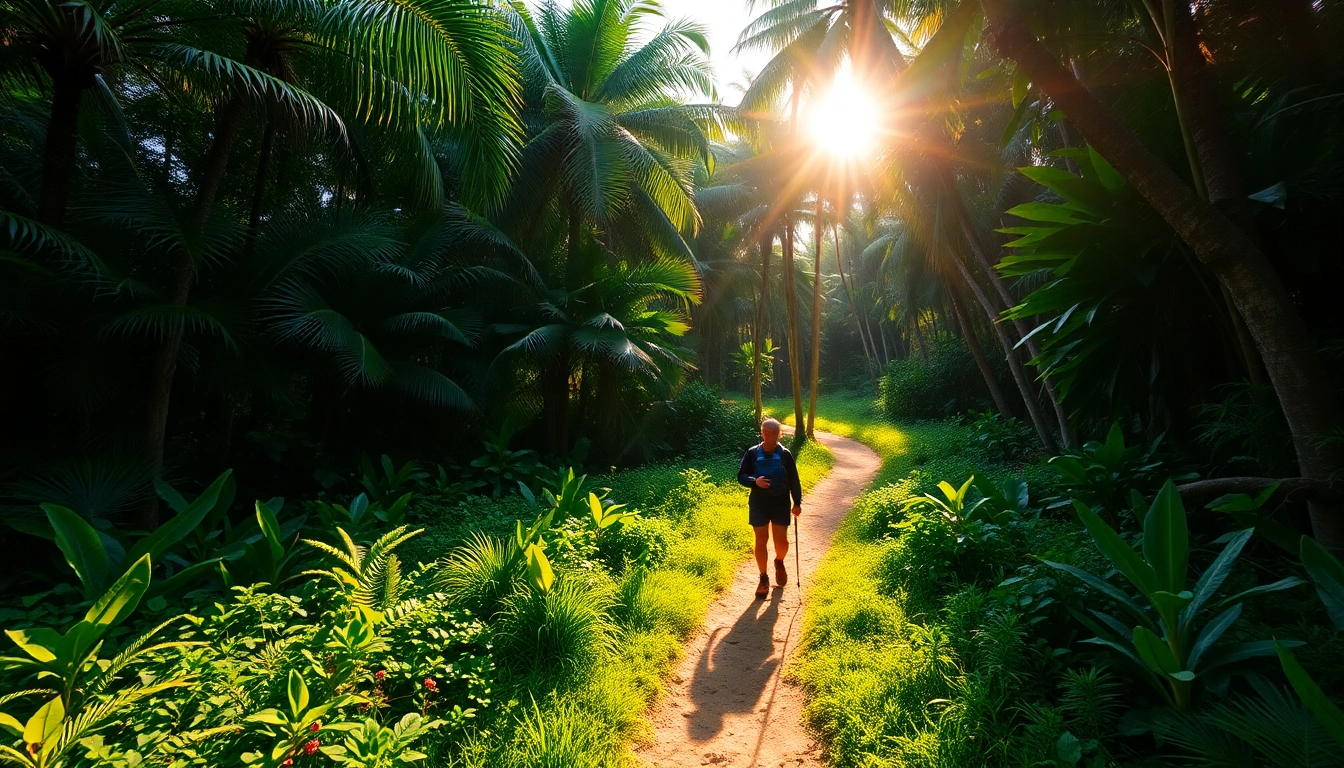 Hiking activity in tropical forest with a hiker on a lush trail, showcasing adventure and nature.