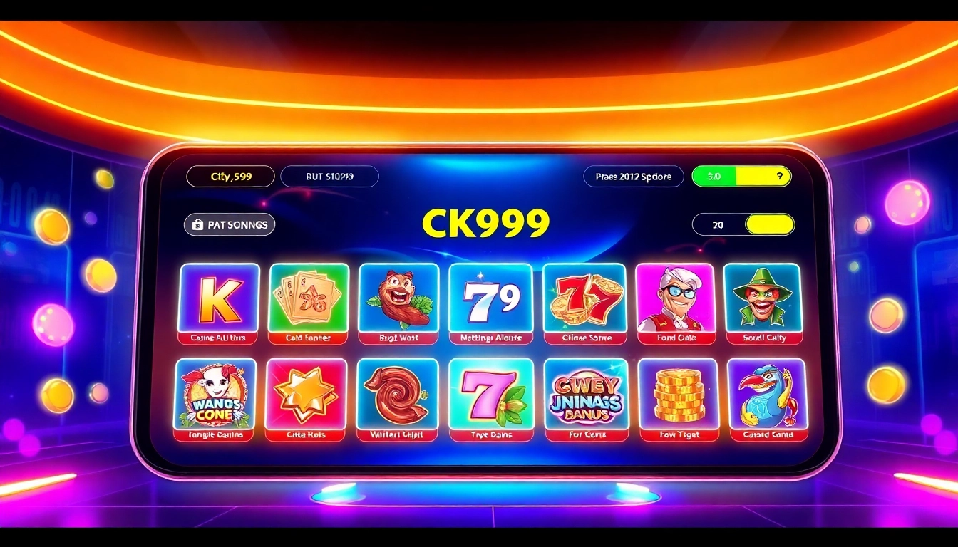 Engaging CK999 game interface with vibrant graphics, showcasing popular slot machines and live betting options for online casino enthusiasts.