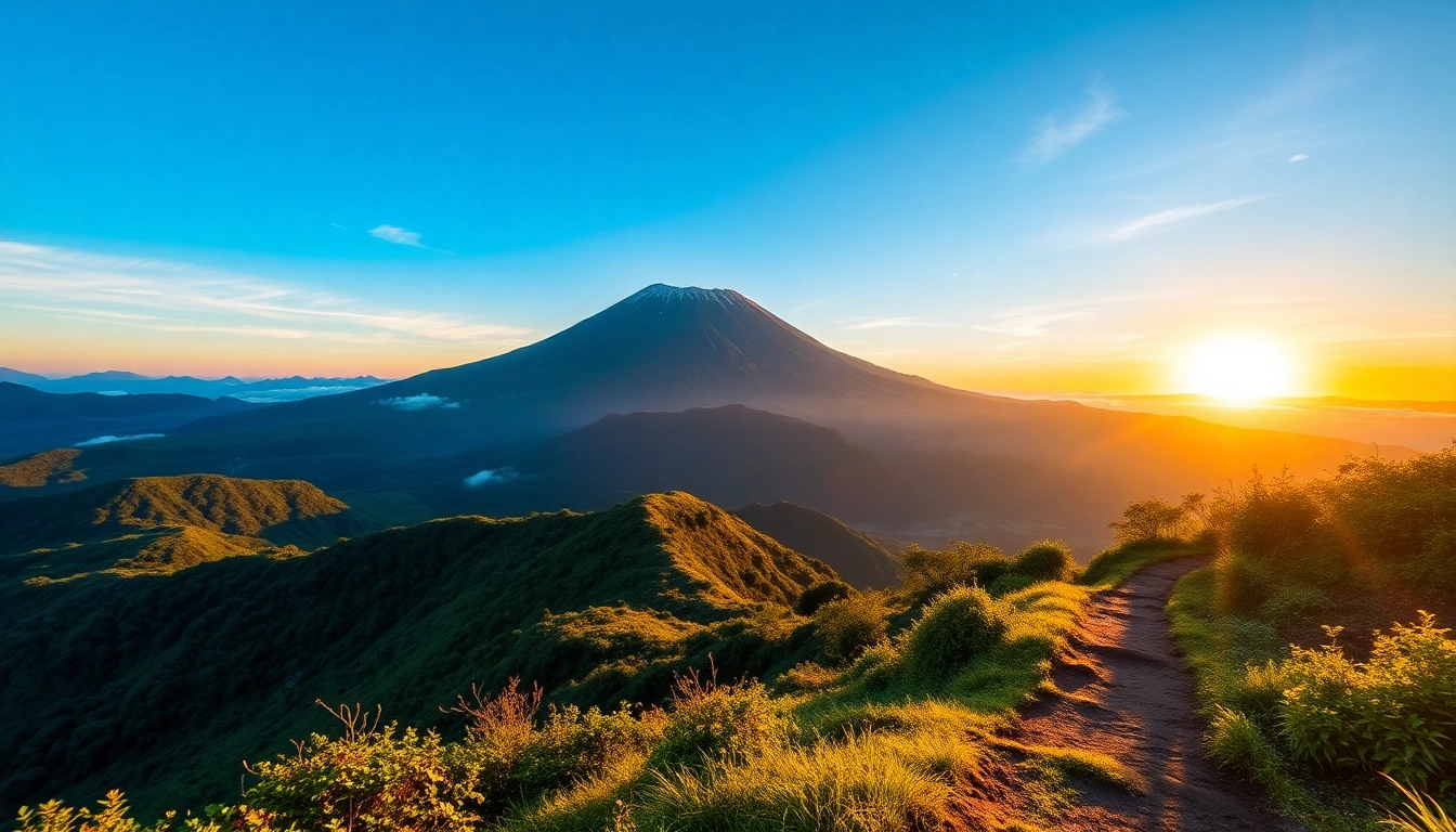Ascending Mount Rinjani’s volcanic summit during sunrise with lush forest below.