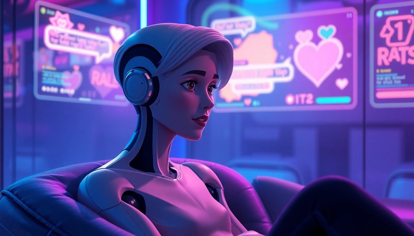 Futuristic scene of an AI character engaging in an immersive, visually enriched conversation in a high-tech room with neon lighting.