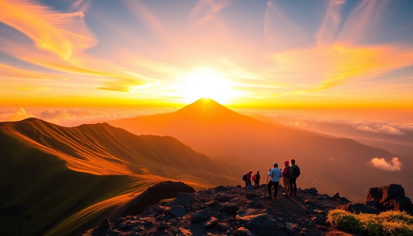 Hikers overlooking Mount Rinjani at sunrise from the crater rim, showcasing lush slopes and a vibrant sky.