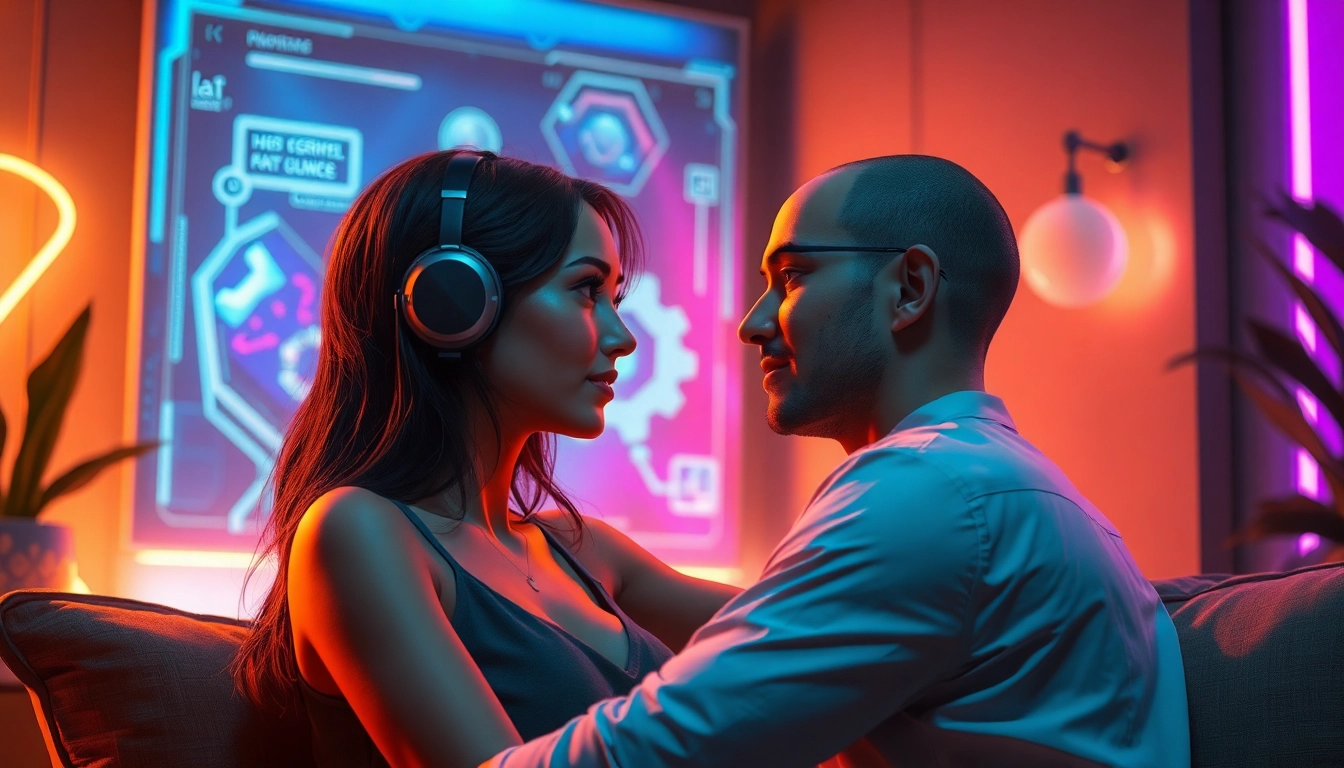A realistic depiction of an AI character engaging in an intimate scene with a user in a cozy, futuristic setting with warm lighting and detailed textures.
