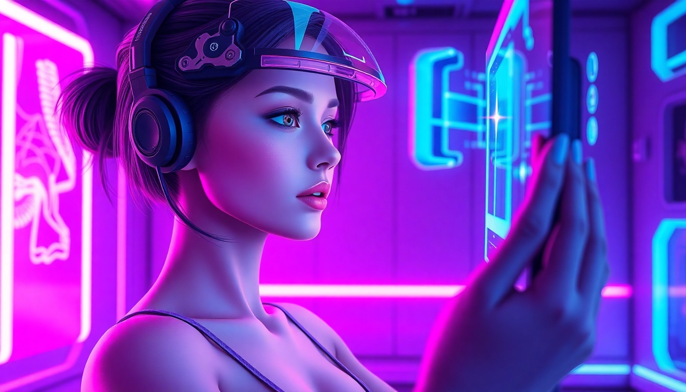 An immersive digital scene showing a virtual AI character in a neon-lit room, engaging in a sensual interaction with a user, highlighting textures and vibrant colors.