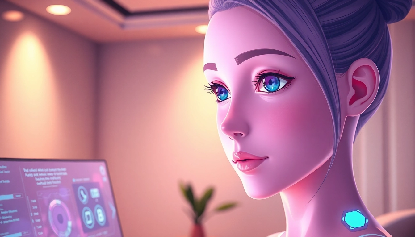 Digital artwork of a virtual AI character with a holographic interface in a modern, softly lit environment.