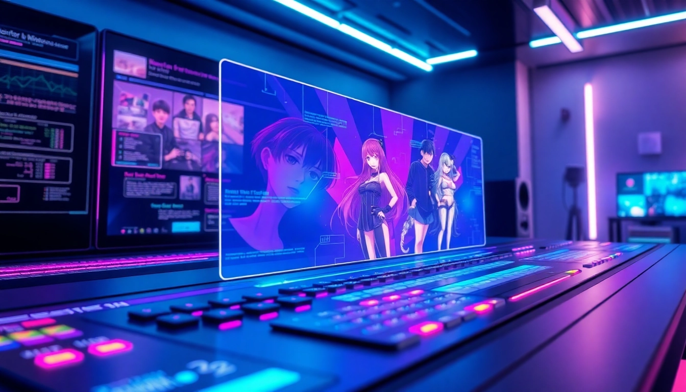 Futuristic AI interface showcasing hyper-realistic NSFW visuals with neon accents and holographic displays