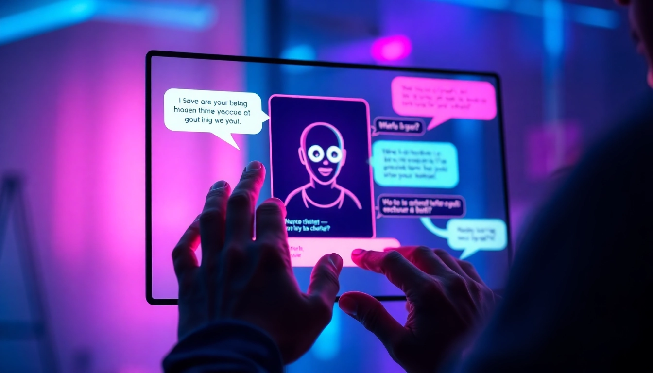 Close-up of a user interacting with a vibrant AI chatbot interface on a high-tech screen with neon lighting.