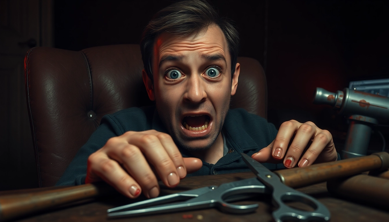 A distressed man sitting in a dark room with unsettling tools nearby, showing fear and suffering.