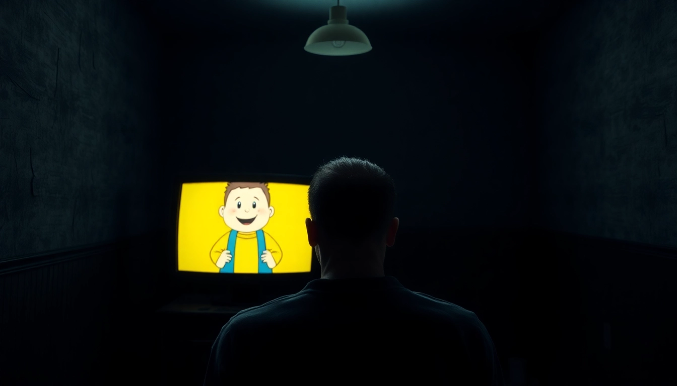 An anxious man staring at a computer screen showing a cheerful cartoon character with a disturbing background, emphasizing moral conflict and horror.