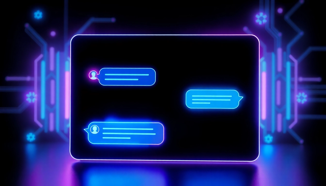 Futuristic AI chatbot interface with glowing text bubbles and digital circuitry background.