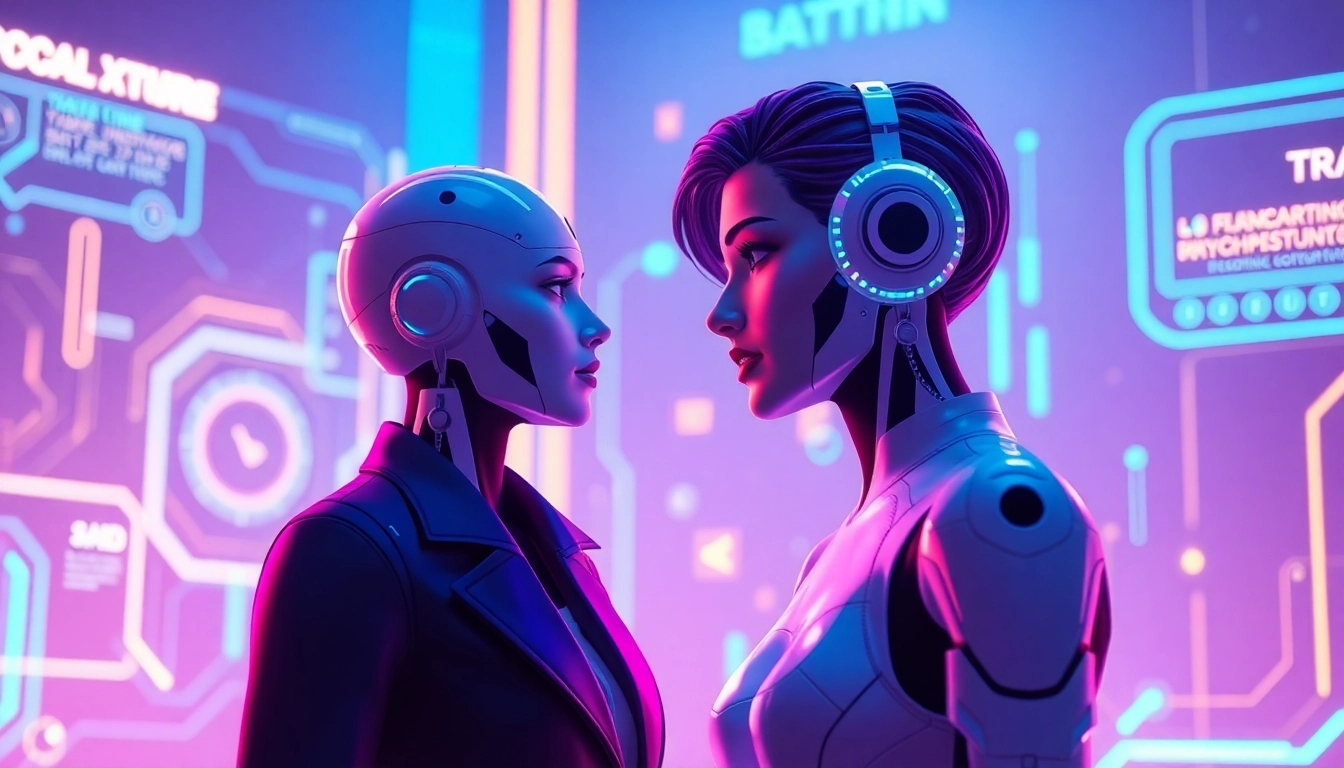 Futuristic digital scene of two AI characters engaging in conversation with neon lighting and holographic interfaces.