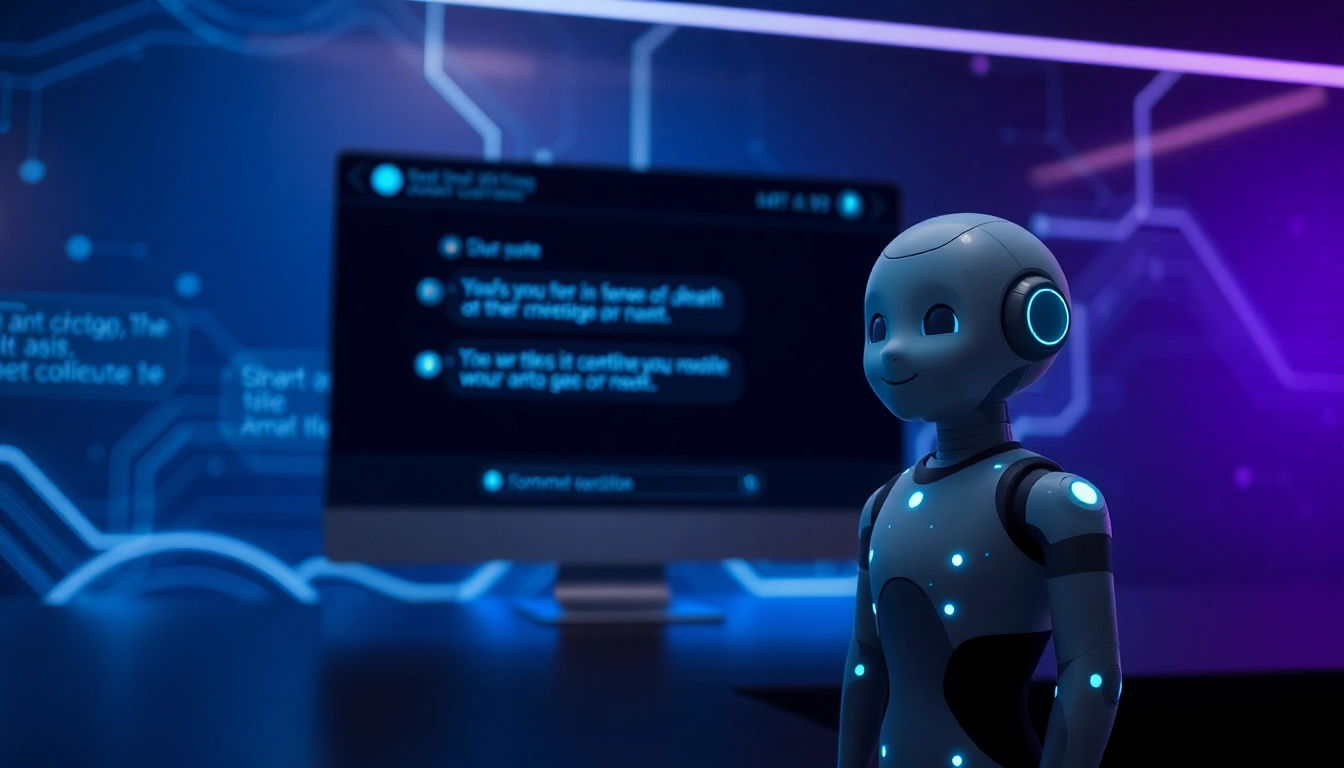Futuristic AI chatbot interface with a friendly digital character and glowing data streams.