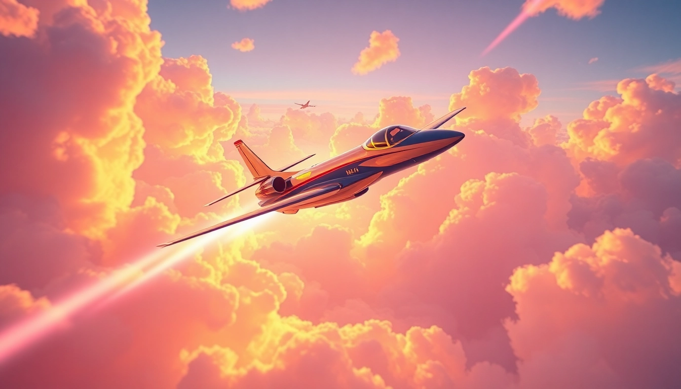 Engaging scene of aviator game online with a sleek aircraft flying through colorful clouds and neon effects, emphasizing excitement.